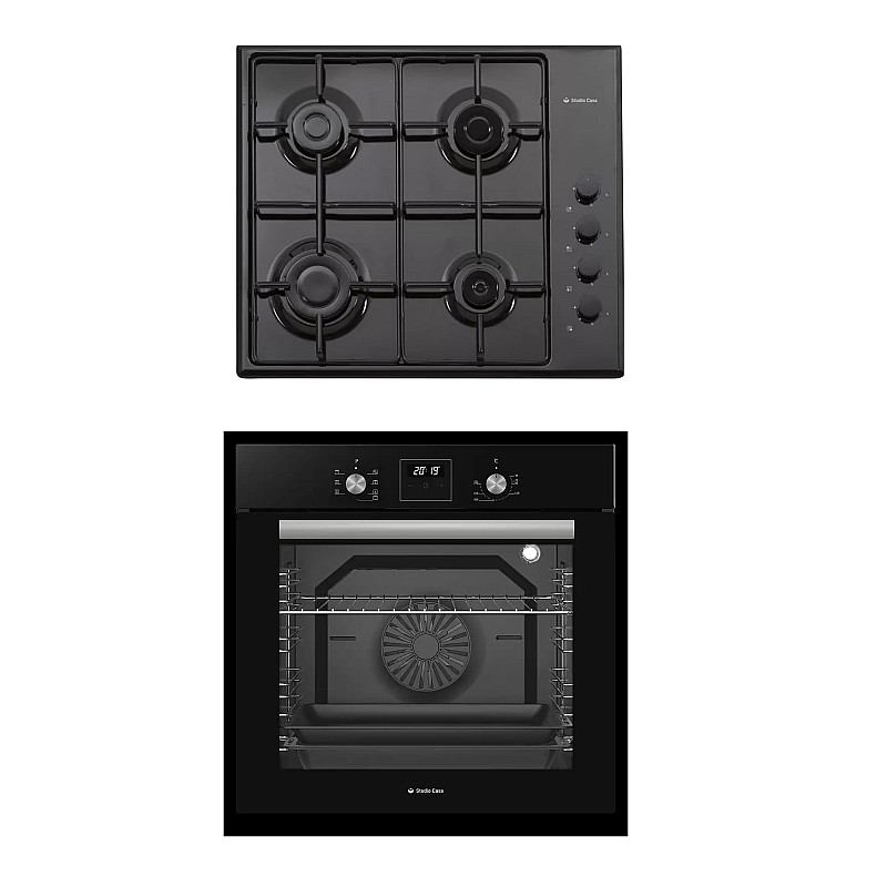 Pachet Cuptor electric incorporabil Studio Casa Ambra Nero FE808, 8 functii, Ventilator, Timer digital, 80 l, Grill electric, Clasa energetica A, Sticla neagra + Plita pe gaz Studio Casa PG660 ISEO Black, 4 arzatoare gaz - Studiocasa.ro