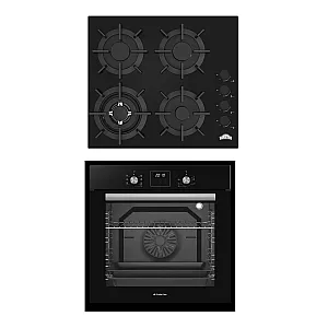 Pachet Cuptor electric incorporabil Studio Casa Ambra Nero FE808, 8 functii, Ventilator, Timer digital, 80 l, Grill electric, Clasa energetica A, Sticla neagra + Plită pe gaz incorporabilă Nuova Cucina, 60cm, 4 arzătoare, Wok, sticlă neagră