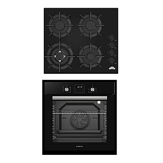 Pachet Cuptor electric incorporabil Studio Casa Ambra Nero FE808, 8 functii, Ventilator, Timer digital, 80 l, Grill electric, Clasa energetica A, Sticla neagra + Plită pe gaz incorporabilă Nuova Cucina, 60cm, 4 arzătoare, Wok, sticlă neagră