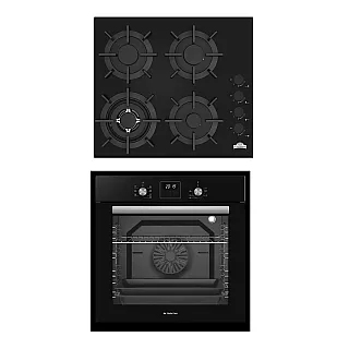 Pachet Cuptor electric incorporabil Studio Casa Ambra Nero FE808, 8 functii, Ventilator, Timer digital, 80 l, Grill electric, Clasa energetica A, Sticla neagra + Plită pe gaz incorporabilă Nuova Cucina, 60cm, 4 arzătoare, Wok, sticlă neagră
