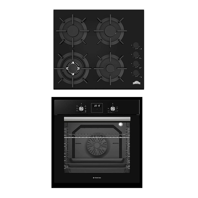 Pachet Cuptor electric incorporabil Studio Casa Ambra Nero FE808, 8 functii, Ventilator, Timer digital, 80 l, Grill electric, Clasa energetica A, Sticla neagra + Plită pe gaz incorporabilă Nuova Cucina, 60cm, 4 arzătoare, Wok, sticlă neagră - Studiocasa.r
