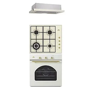 Pachet incorporabil cuptor electric, plită gaz și hotă telescopică Nuova Cucina Retro Bej, 60 l, Wok, Clasa A