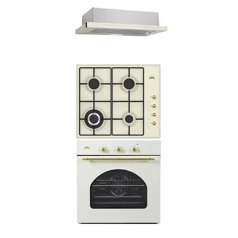 Pachet incorporabil cuptor electric, plită gaz și hotă telescopică Nuova Cucina Retro Bej, 60 l, Wok, Clasa A - Studiocasa.ro