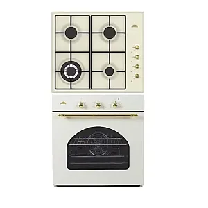 Pachet incorporabil rustic Cuptor electric si plita gaz Duo Retro Beige Star Nuova Cucina, 60 l, Wok, Timer mecanic, Curatare catalitica, Ventilator, 6 functii, Clasa A, Bej
