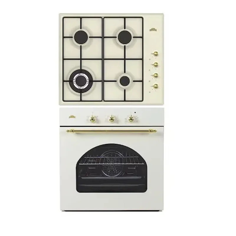Pachet incorporabil rustic Cuptor electric si plita gaz Duo Retro Beige Star Nuova Cucina, 60 l, Wok, Timer mecanic, Curatare catalitica, Ventilator, 6 functii, Clasa A, Bej - Studiocasa.ro