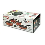 Set 8 piese Flonal: Tigaie 24 cm, 2 Cratite 20/24 cm, Cratita Joasa 28 cm, 3 Capace de Sticla 20/24/28 cm, Spumiera, Pepita Granit, Culoare aramiu - Studiocasa.ro