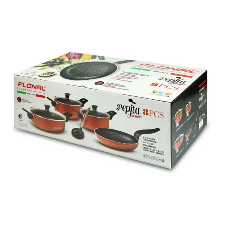 Set 8 piese Flonal: Tigaie 24 cm, 2 Cratite 20/24 cm, Cratita Joasa 28 cm, 3 Capace de Sticla 20/24/28 cm, Spumiera, Pepita Granit, Culoare aramiu - Studiocasa.ro