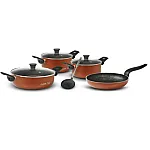 Set 8 piese Flonal: Tigaie 24 cm, 2 Cratite 20/24 cm, Cratita Joasa 28 cm, 3 Capace de Sticla 20/24/28 cm, Spumiera, Pepita Granit, Culoare aramiu - Studiocasa.ro