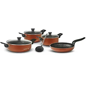 Set 8 piese Flonal: Tigaie 24 cm, 2 Cratite 20/24 cm, Cratita Joasa 28 cm, 3 Capace de Sticla 20/24/28 cm, Spumiera, Pepita Granit, Culoare aramiu