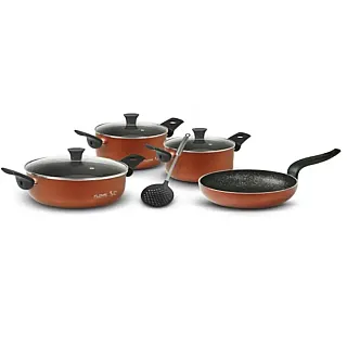 Set 8 piese Flonal: Tigaie 24 cm, 2 Cratite 20/24 cm, Cratita Joasa 28 cm, 3 Capace de Sticla 20/24/28 cm, Spumiera, Pepita Granit, Culoare aramiu