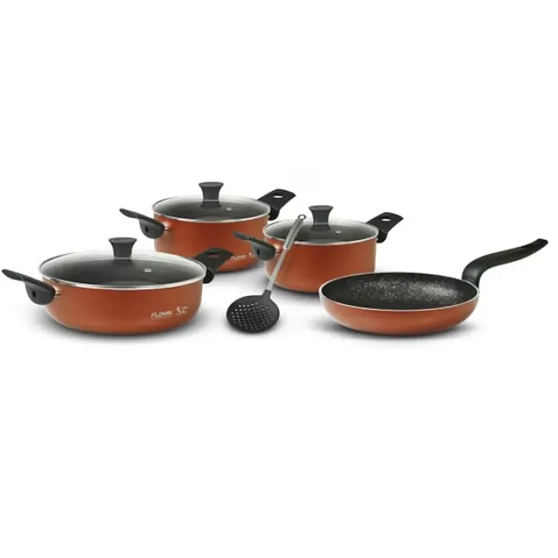 Set 8 piese Flonal: Tigaie 24 cm, 2 Cratite 20/24 cm, Cratita Joasa 28 cm, 3 Capace de Sticla 20/24/28 cm, Spumiera, Pepita Granit, Culoare aramiu - Studiocasa.ro