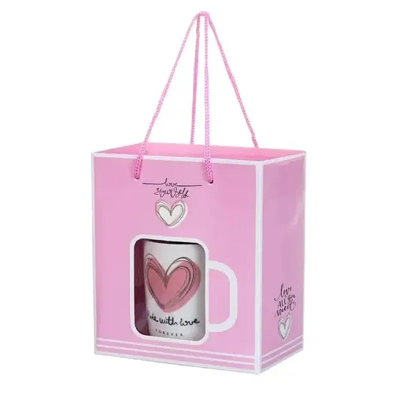 Set cana ceramica cu lingurita Valentine's Day, Cutie eleganta, 250 ml, Roz - Studiocasa.ro