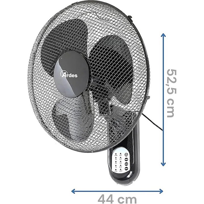Ventilator de perete cu 3 pale rotative (40 cm), telecomanda, oscilatie automata, temporizator reglabil si 3 trepte de viteza, ventilator de perete negru AR5W40R - Studiocasa.ro