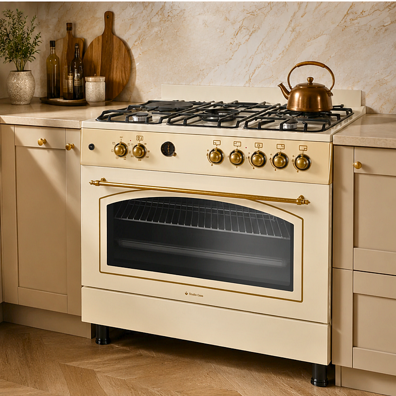 Aragaz Studio Casa, FE90/60 El Avena Rustic, 90 cm, Cuptor electric, 4 arzatoare gaz, din care unul Wok + 1 ochi electric, Rotisor, Grill, electric, Gratare fonta - Studiocasa.ro