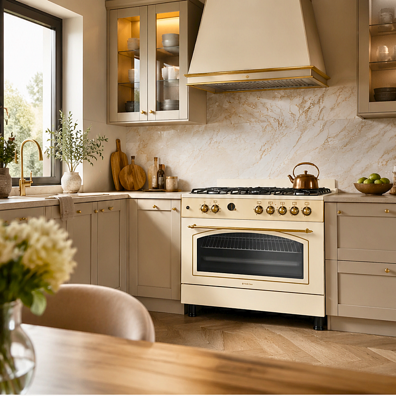 Aragaz Studio Casa, FE90/60 El Avena Rustic, 90 cm, Cuptor electric, 4 arzatoare gaz, din care unul Wok + 1 ochi electric, Rotisor, Grill, electric, Gratare fonta - Studiocasa.ro
