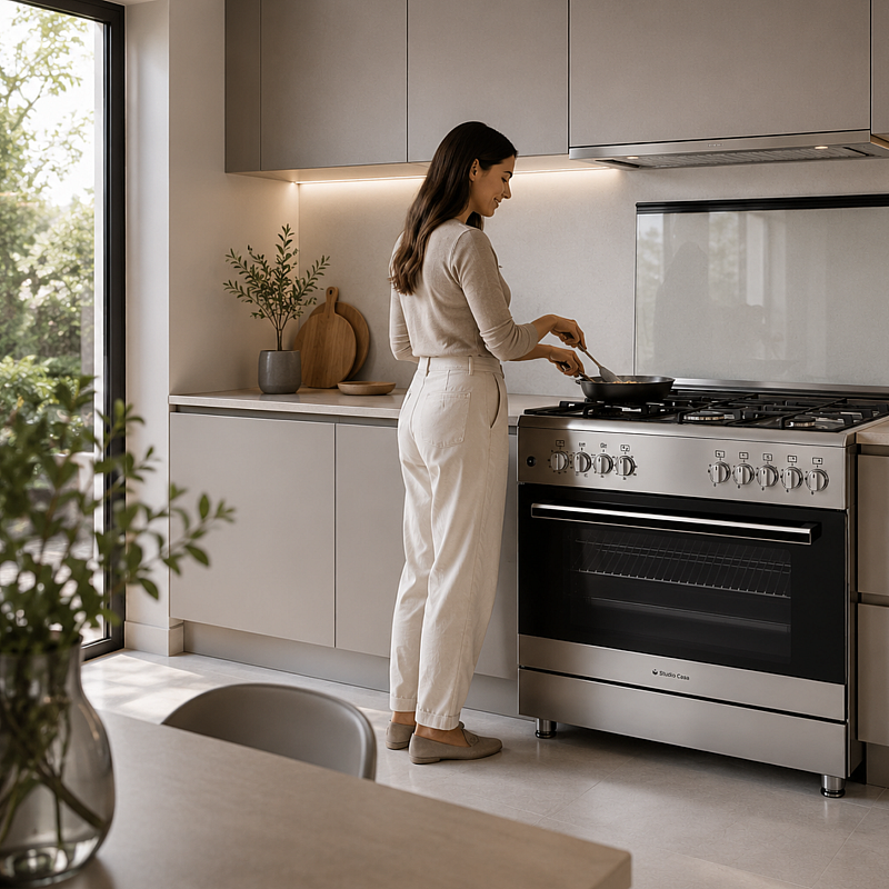 Aragaz mixt 5 arzatoare gaz, Cuptor electric, 90x60cm, Studio Casa, FE90/60 Multifunctional, Grill electric, Rotisor, 2 ventilatoare, Aprindere electrica, Inox - Studiocasa.ro