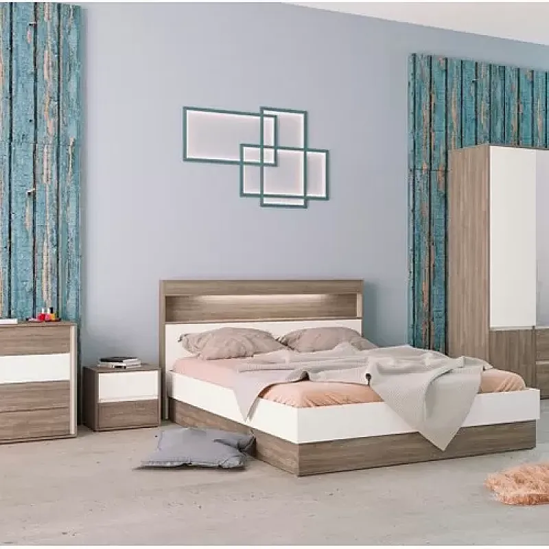 Dormitor set: Pat 169.5x213x101 cm, Dulap cu oglinda si LED 200x53x211 cm, Noptiere 45x36x41 cm, Comoda 70x46x74 cm, Culoare stejar - alb - Studiocasa.ro