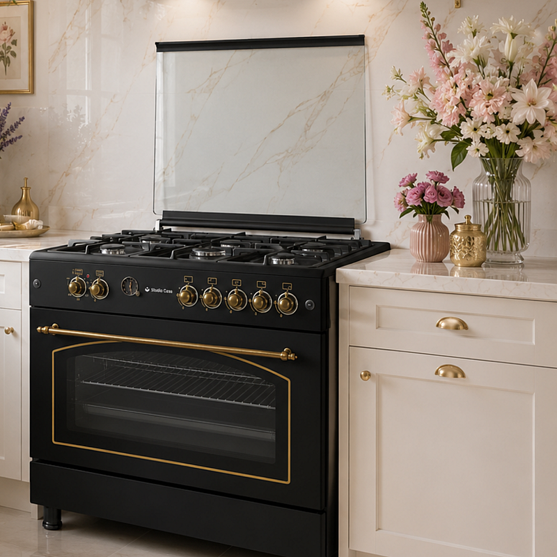 Aragaz rustic 5 arzatoare gaz, Negru, 90 cm, Modena  Antracit Studio Casa,  rotisor, cuptor gaz, Grill electric, Gratare fonta - Studiocasa.ro