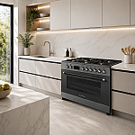 Aragaz gaz  90 cm Nando Graphite Grey Studio Casa, 5 zone de gatit, Gaz, Wok, Cuptor gaz,  Rotisor, Timer digital, Grill electric, Gratar fonta,  Aprindere electrica, Clasa energetica A, Gri - Studiocasa.ro