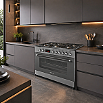 Aragaz gaz  90 cm Nando Graphite Grey Studio Casa, 5 zone de gatit, Gaz, Wok, Cuptor gaz,  Rotisor, Timer digital, Grill electric, Gratar fonta,  Aprindere electrica, Clasa energetica A, Gri - Studiocasa.ro