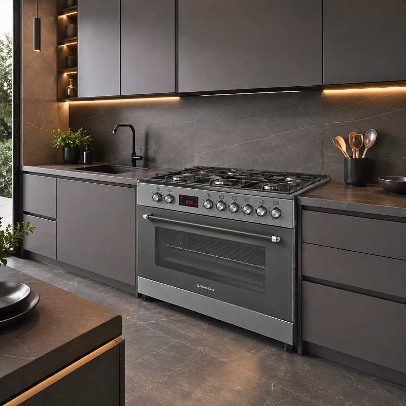 Aragaz gaz  90 cm Nando Graphite Grey Studio Casa, 5 zone de gatit, Gaz, Wok, Cuptor gaz,  Rotisor, Timer digital, Grill electric, Gratar fonta,  Aprindere electrica, Clasa energetica A, Gri - Studiocasa.ro