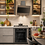 Pachet incorporabil Studio Casa Black Rialto, Cuptor electric sticla neagra, Plita gaz neagra si hota decorativa sticla neagra, 78 l, 7 functii, Ventilator, Autocuratare catalitica, Clasa energetica A, Sticla neagra - Studiocasa.ro