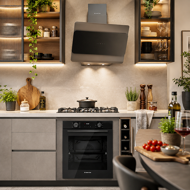 Pachet incorporabil Studio Casa Black Rialto, Cuptor electric sticla neagra, Plita gaz neagra si hota decorativa sticla neagra, 78 l, 7 functii, Ventilator, Autocuratare catalitica, Clasa energetica A, Sticla neagra - Studiocasa.ro