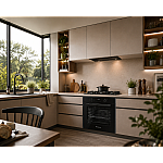 Pachet incorporabil Studio Casa Tele Rialto, Cuptor electric sticla neagra, Plita gaz neagra si hota telescopica neagra, 78 l, 7 functii, Ventilator, Autocuratare catalitica, Clasa energetica A, Sticla neagra - Studiocasa.ro