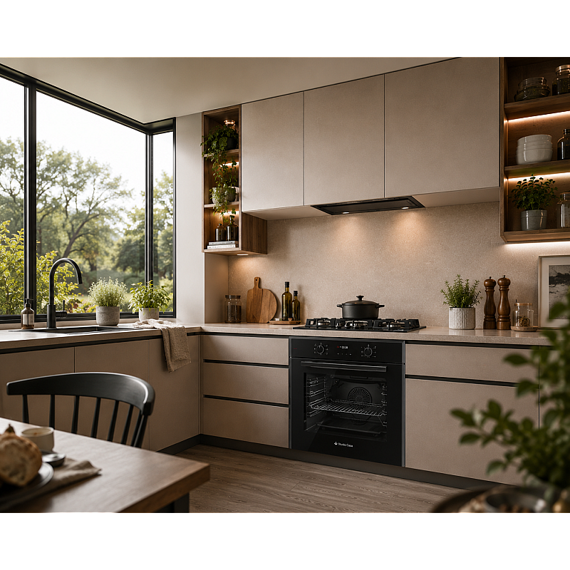 Pachet incorporabil Studio Casa Tele Rialto, Cuptor electric sticla neagra, Plita gaz neagra si hota telescopica neagra, 78 l, 7 functii, Ventilator, Autocuratare catalitica, Clasa energetica A, Sticla neagra - Studiocasa.ro