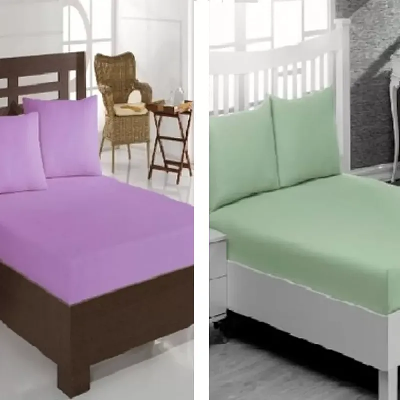 Pachet De 2 Set-Uri De 3 Piese Yuny Mally Home, 100% Bumbac, Cearceaf Pat Dublu Cu Elastic 160X200 Cm Si Doua Fete De Perna 50X70Cm Lila + Verde - Studiocasa.ro