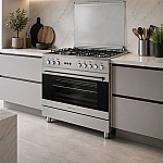 Aragaz gaz  90 cm Prato Inox Studio Casa, 5 zone de gatit, Gaz, Wok, Cuptor gaz,  Rotisor, Timer mecanic, Grill electric, Gratar fonta,  Aprindere electrica, Clasa energetica A, Inox, dubla ventilatie coacere - Studiocasa.ro