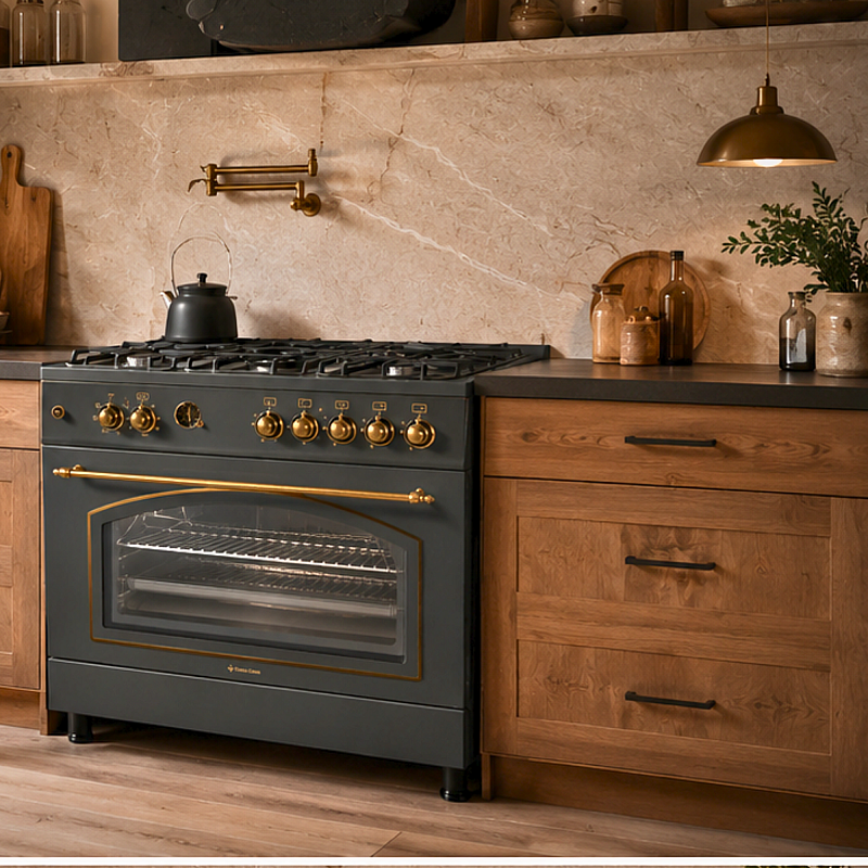 Aragaz rustic 5 arzatoare gaz, Negru, 90 cm, Ravena Antracit Studio Casa,  rotisor, cuptor electric cu ventilatie, Gratare fonta - Studiocasa.ro