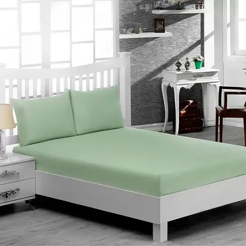Set 3 Piese Yuny Mally Home, 100% Bumbac, Cearceaf Pat Dublu Cu Elastic 160X200 Cm Si Doua Fete De Perna 50X70Cm, Verde - Studiocasa.ro