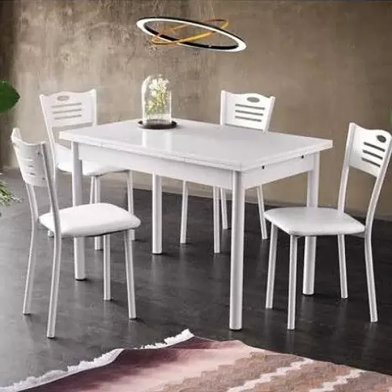 Set Bucatarie/Dining Masa Extensibila Polo White+4 Scaune Tapitate, Cadru Lemn+Eco Piele-Alb - Studiocasa.ro