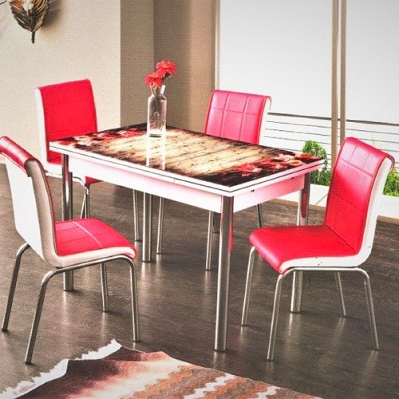 Set Masa Extensibila Bucatarie/Dining , Camili Flower Glass +4 scaune