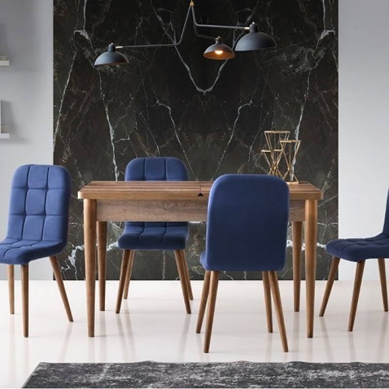 Set Masa Extensibila Roma Wood + 4 Scaune Retro Blue Tapitat, Cadru Lemn Natural, Smart Living, Studio Casa