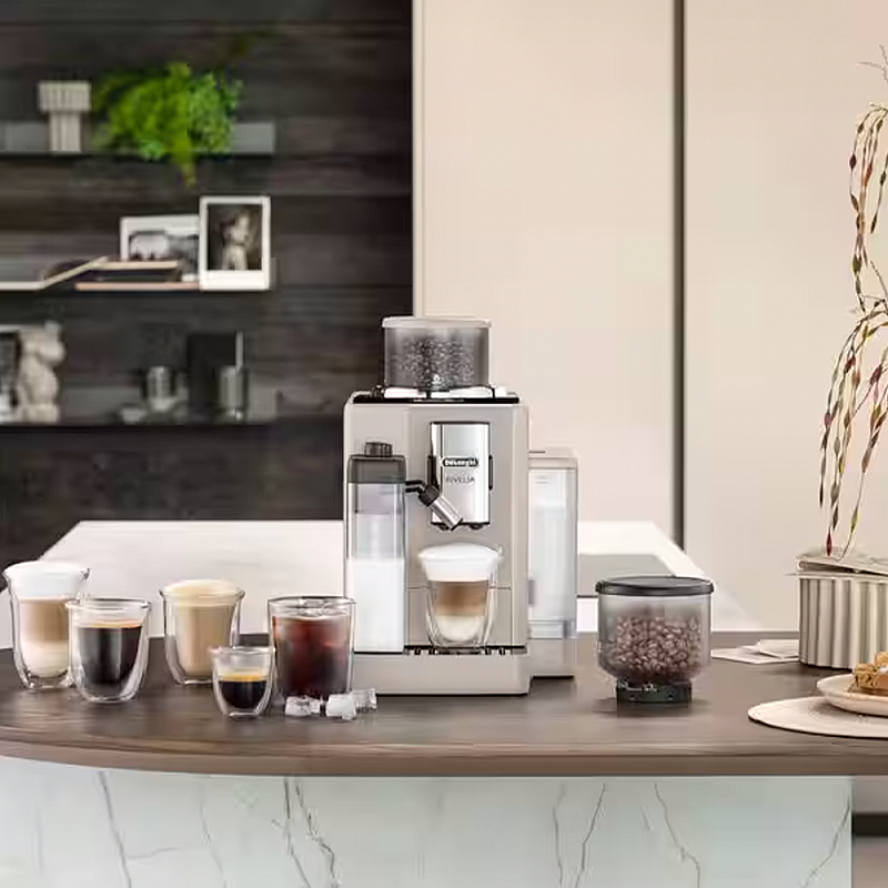 Espressor automat DeLonghi Rivelia EXAM 440.55.BG, 2 recipiente pentru boabe, Tehnologie Bean Adapt, carafa cu tehnologie LatteCrema Hot, 1450W, 19 bar, 1.4 l, Bej - Studiocasa.ro