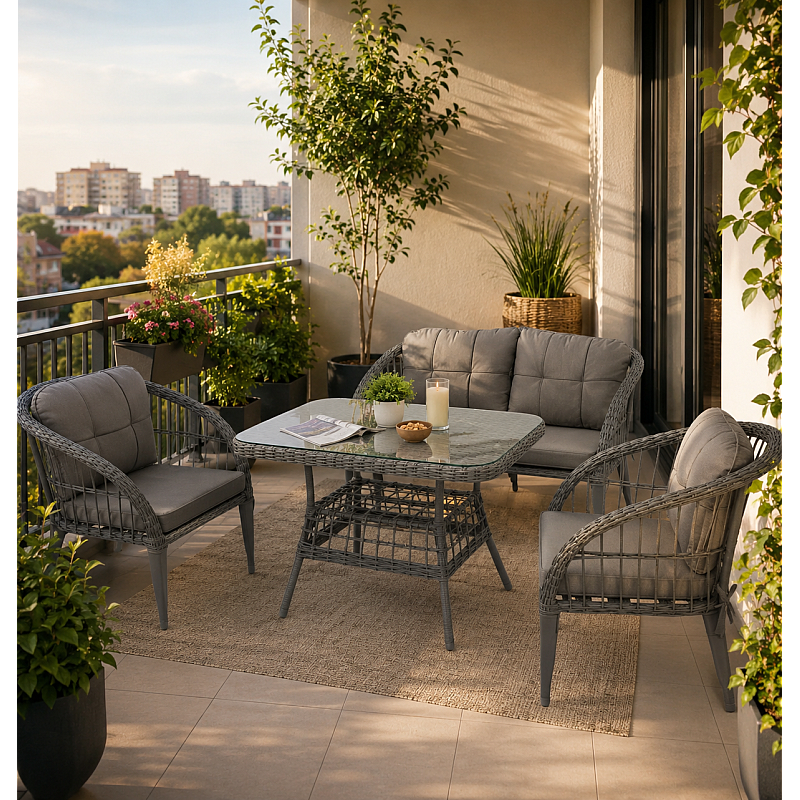 Set 4 piese mobilier de Terasa/Gradina cu perne, Masa, Canapea, Fotolii, 4 locuri, Antracit - Studiocasa.ro