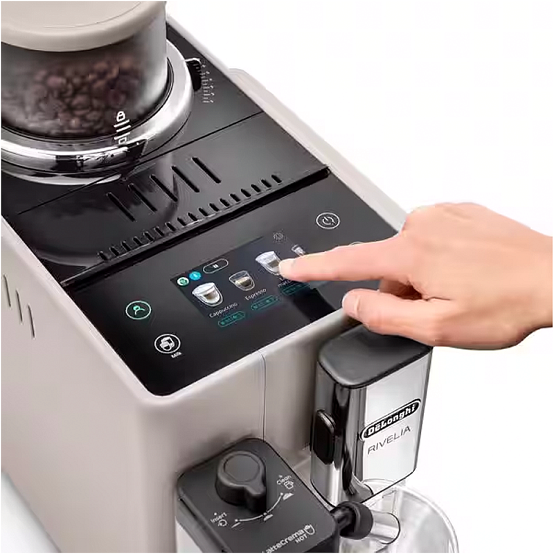 Espressor automat DeLonghi Rivelia EXAM 440.55.BG, 2 recipiente pentru boabe, Tehnologie Bean Adapt, carafa cu tehnologie LatteCrema Hot, 1450W, 19 bar, 1.4 l, Bej - Studiocasa.ro