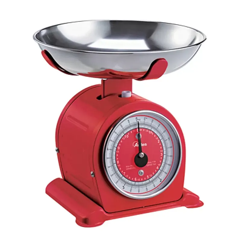 Cantar de bucatarie mecanic cu bol Ardes Bascula AR1PA3M, design vintage, capacitate maxima 5 kg, diviziune 20 g, functia tare, Rosu - Studiocasa.ro