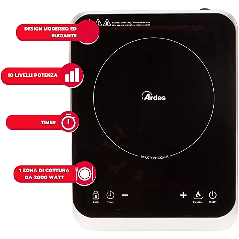 Plita inductie vitroceramica Kookie One Ardes , AR1F601, 2000 W , Negru - Studiocasa.ro