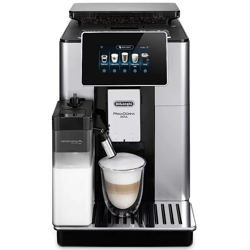 Espressor cafea automat De’Longhi PrimaDonna SOUL ECAM 610.55.SB, Carafa pentru lapte, Sistem LatteCrema, Rasnita cu tehnologie Bean Adapt, Coffee Link App, 1450W, 19 bar,2.2 l, Negru - Argintiu - Studiocasa.ro