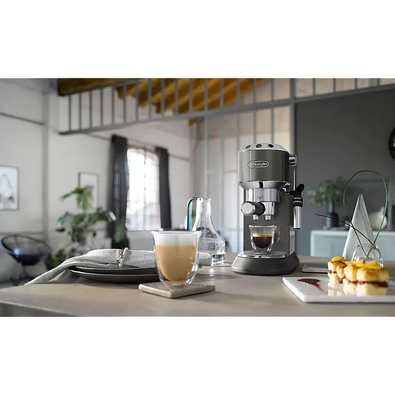 Espressor manual De’Longhi Dedica EC 785.GY, 1300 W, 1.1 L, 15 bari, Tamper si Cana inox Gray - Studiocasa.ro