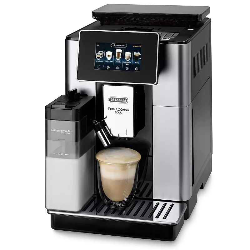 Espressor cafea automat De’Longhi PrimaDonna SOUL ECAM 610.55.SB, Carafa pentru lapte, Sistem LatteCrema, Rasnita cu tehnologie Bean Adapt, Coffee Link App, 1450W, 19 bar,2.2 l, Negru - Argintiu - Studiocasa.ro