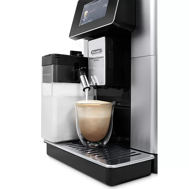 Espressor cafea automat De’Longhi PrimaDonna SOUL ECAM 610.55.SB, Carafa pentru lapte, Sistem LatteCrema, Rasnita cu tehnologie Bean Adapt, Coffee Link App, 1450W, 19 bar,2.2 l, Negru - Argintiu - Studiocasa.ro