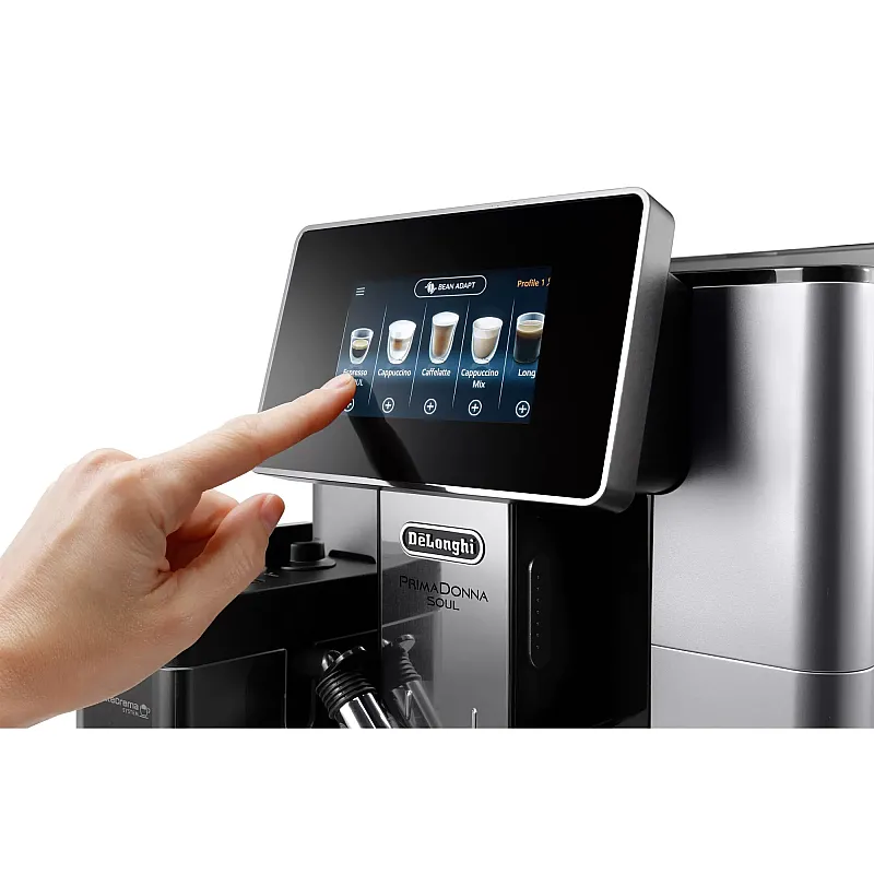 Espressor cafea automat De’Longhi PrimaDonna SOUL ECAM 610.55.SB, Carafa pentru lapte, Sistem LatteCrema, Rasnita cu tehnologie Bean Adapt, Coffee Link App, 1450W, 19 bar,2.2 l, Negru - Argintiu - Studiocasa.ro