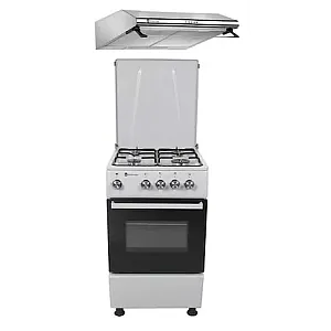 Pachet Clasic aragaz Galaxy 4G 50/50 cm si hota Alfa 60 cm, Studio Casa, 4 arzatoare gaz, cuptor gaz, 2 motoare, 3 viteze, Gri/Inox