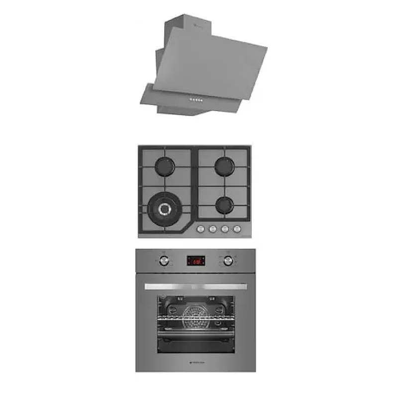 Pachet cuptor electric incorporabil, plita gaz si hota decorativa sticla Terza Modern Parma Glass Grey Studio Casa, 6 functii, Ventilator, Display Touch control, Timer digital, Sticla gri - Studiocasa.ro