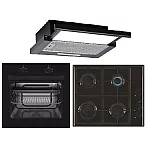 Pachet cuptor electric, plita gaz si hota telescopica Trio Mirage Iseo Black Studio Casa, 56 l, Clasa energetica A, 6 functii, 4 arzatoare gaz, 2 motoare, Negru - Studiocasa.ro