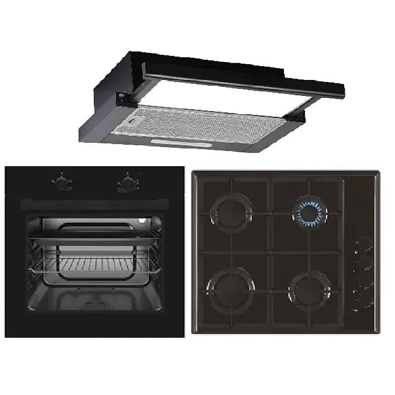 Pachet cuptor electric, plita gaz si hota telescopica Trio Mirage Iseo Black Studio Casa, 56 l, Clasa energetica A, 6 functii, 4 arzatoare gaz, 2 motoare, Negru - Studiocasa.ro